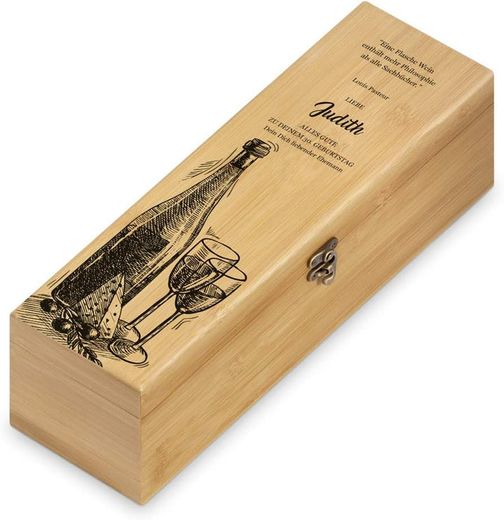 Maverton Weinbox für 0,7L Weinflasche - Wein Holzbox personalisiert + 4er Weinzubehör - Weinset Wein