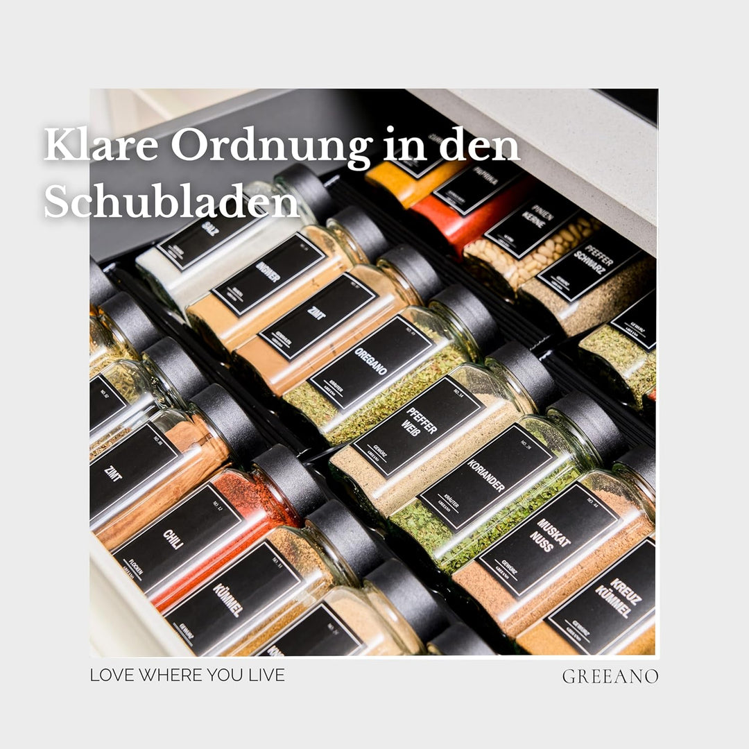 Greeano Gewürzgläser Set [24 x 120ml] mit 300 Gewürzetiketten [DE] - Gewürzgläser eckig mit Streuein