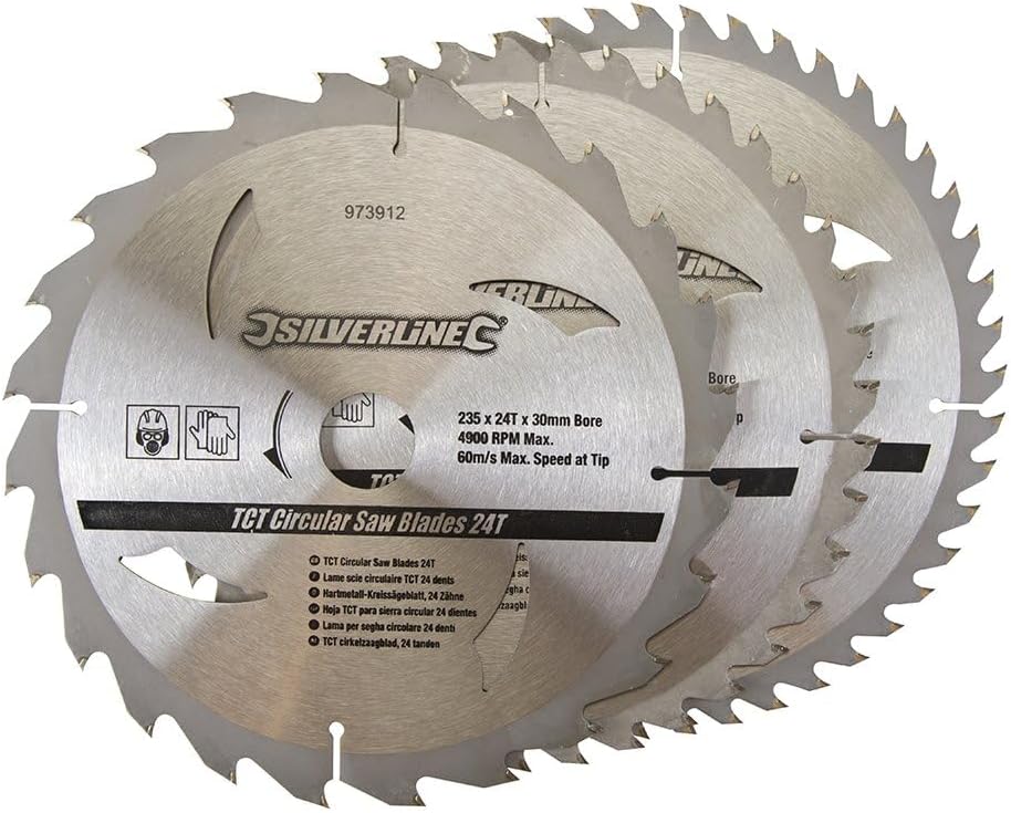 Silverline 973912 Hartmetall-Kreissägeblätter mit 24, 40 und 48 Zähnen, 3-tlg. Satz 235 x 30, Reduzi