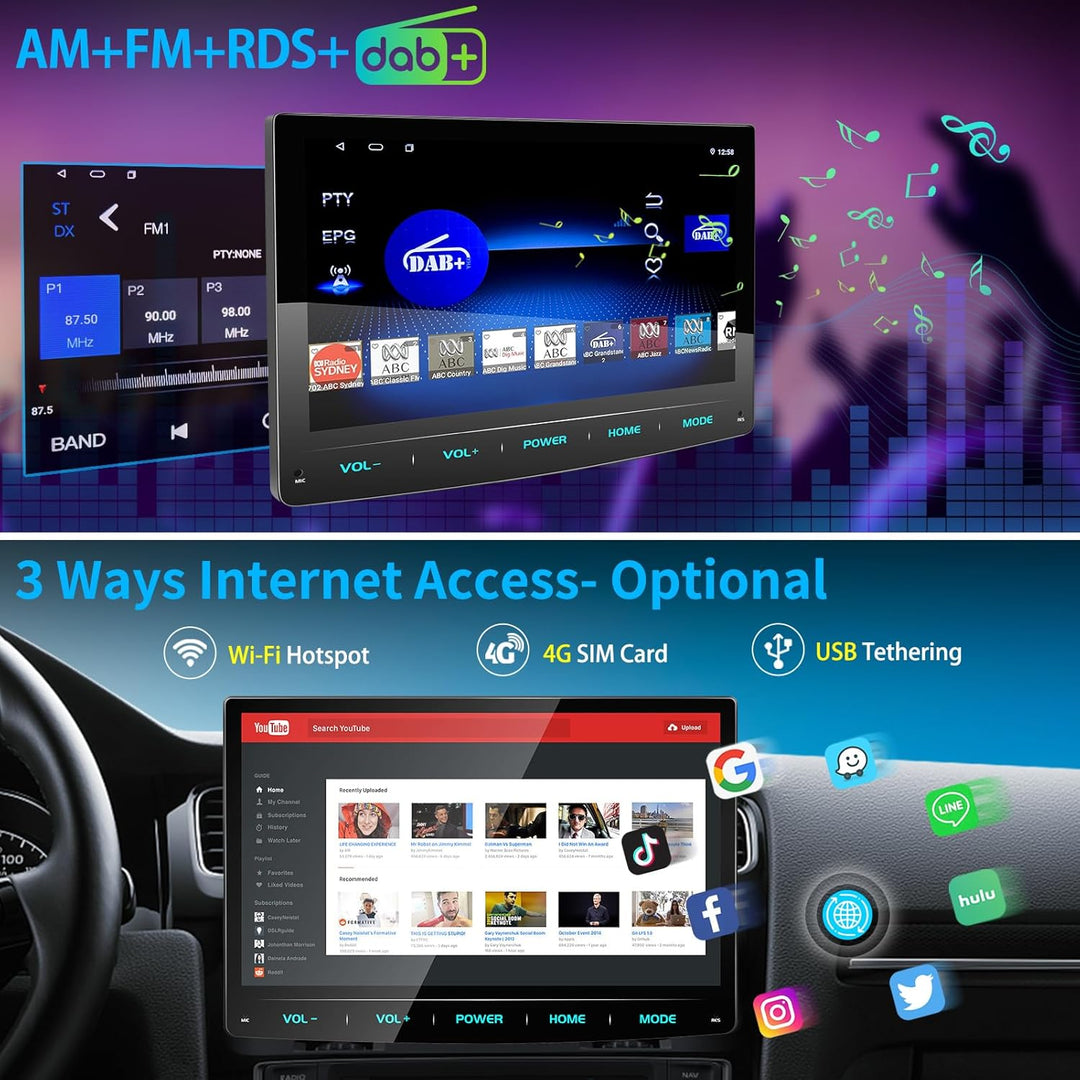 URVOLAX Android 13 Autoradio mit Bildschirm, 10.1 Zoll Wireless CarPlay Apple Android Auto Navi DAB+