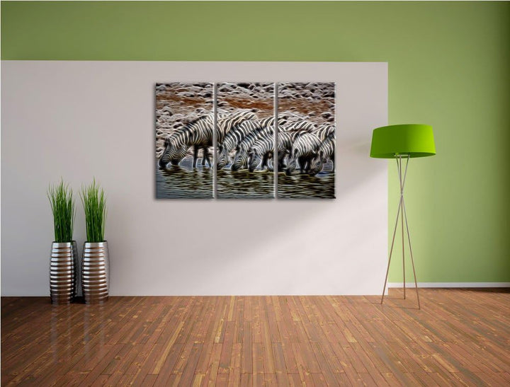 Zebraherde am Wasserloch NewArt 3-Teiler Leinwandbild 120x80 Bild auf Leinwand, XXL riesige Bilder f