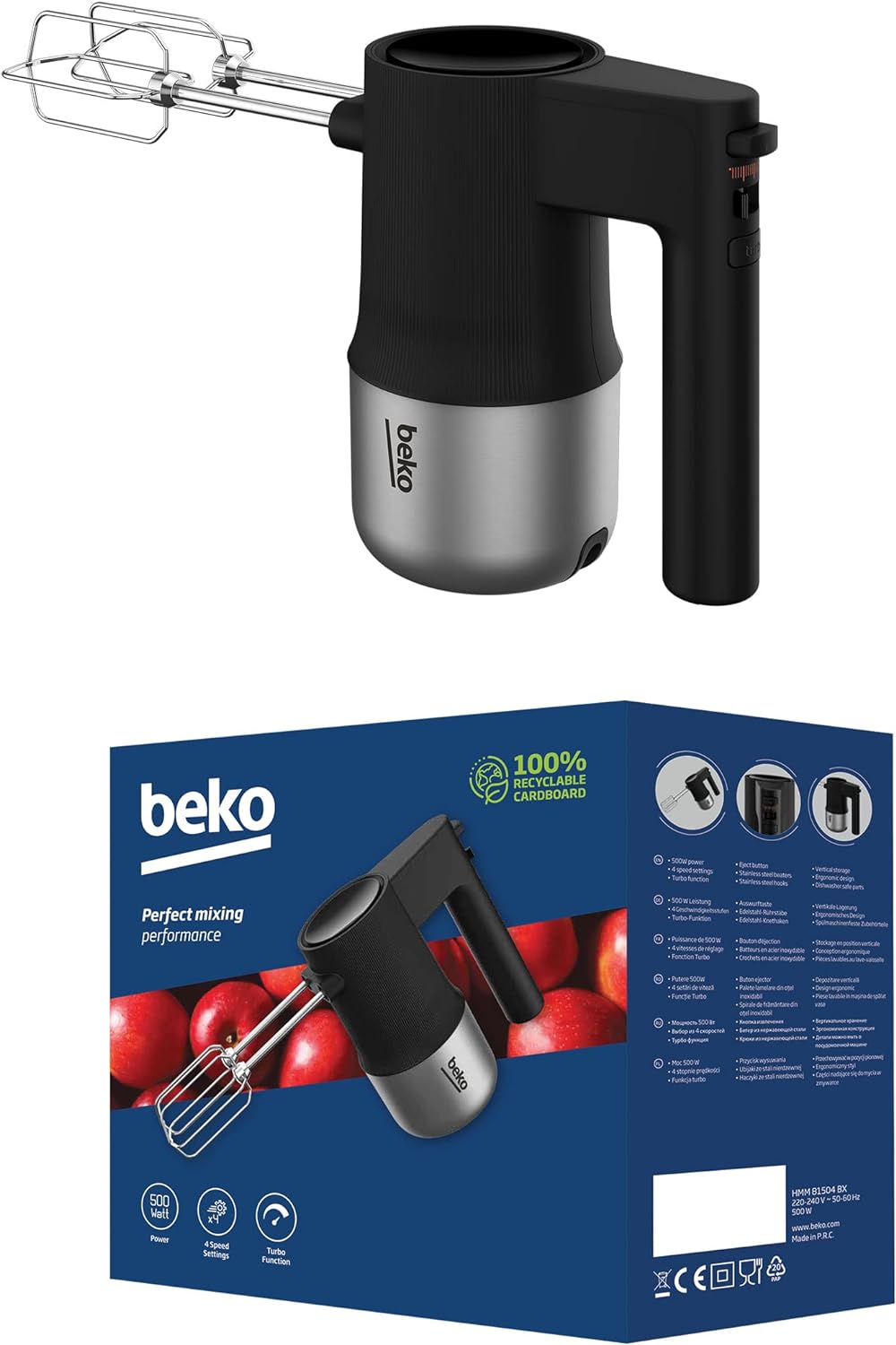 Beko HMM81504BX, 500 Watt, 4 Geschwindigkeiten + Turbo, 2 Schneebesen und 2 Knethaken aus Edelstahl,