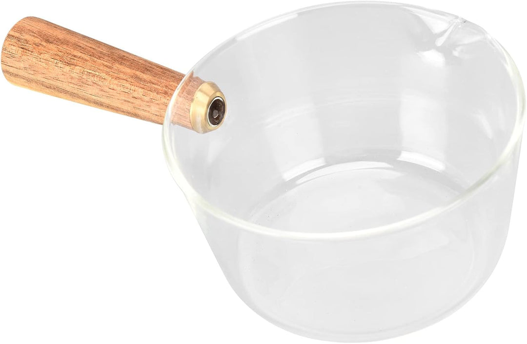 Milchtopf aus Glas mit V-Ausguss und Holzgriff, 400ml, Hitzebeständig, für Milch, Sossen, Nudeln, 40