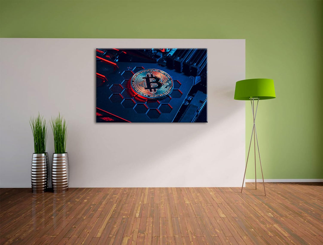 Pixxprint Bitcoin BTC auf Computerchip als Leinwandbild | Grösse: 120x80 cm | Wandbild | Kunstdruck