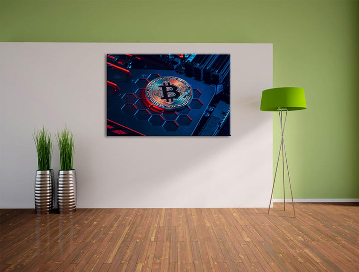 Pixxprint Bitcoin BTC auf Computerchip als Leinwandbild | Grösse: 120x80 cm | Wandbild | Kunstdruck