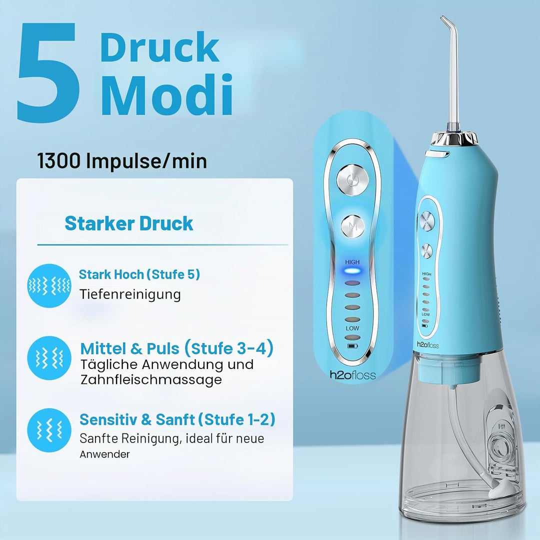 H2ofloss Kabellose tragbare Wasser-Zahnseide, 5 Modi, IPX7 wasserdichte Munddusche, 300 ml, wiederau