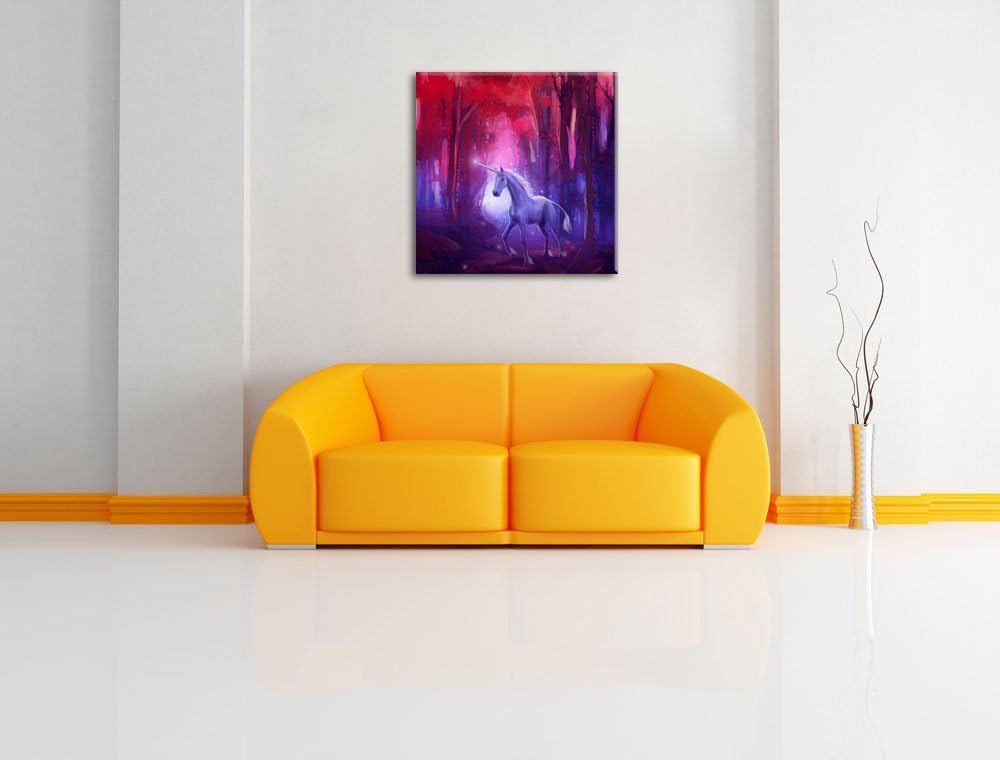 Einhorn im Zauberwald, Format: 70x70 auf Leinwand, XXL riesige Bilder fertig gerahmt mit Keilrahmen,