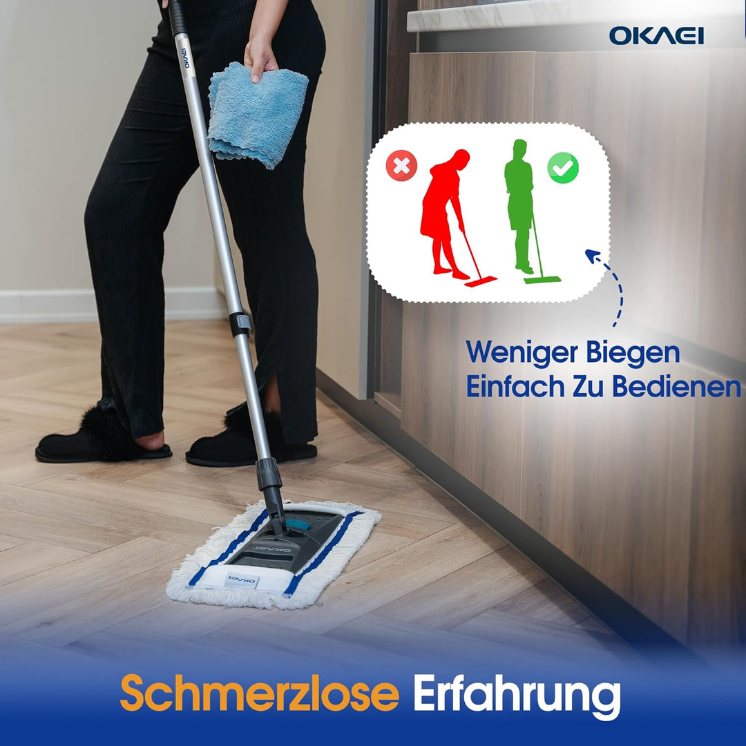 OKAEI Mop Set: Klapphalter mit Aluminium-Teleskopstiel – Verstellbar von 80 bis 145 cm – Robuster Mo