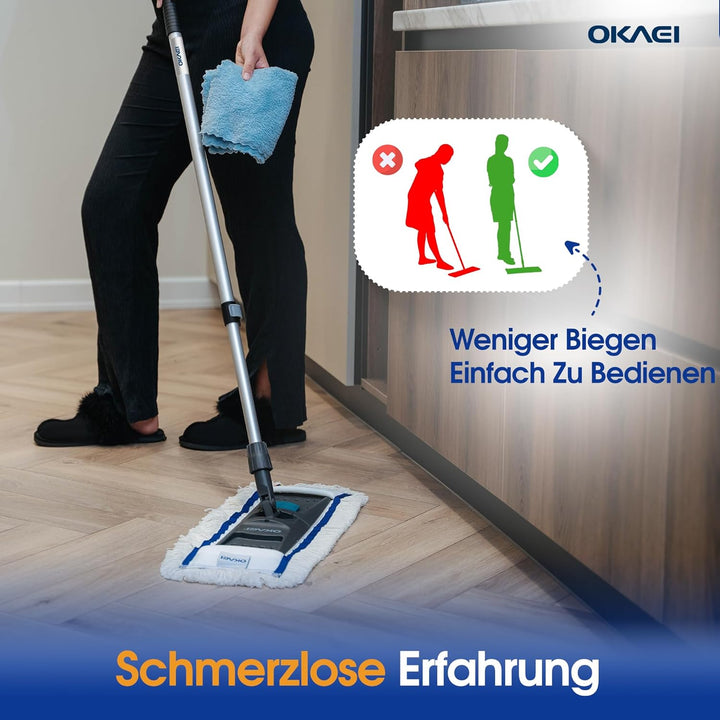 OKAEI Mop Set: Klapphalter mit Aluminium-Teleskopstiel – Verstellbar von 80 bis 145 cm – Robuster Mo