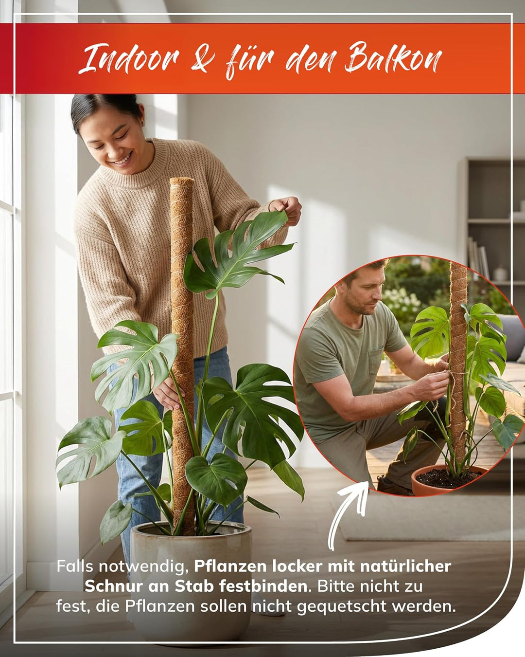 bellissa Kokosstab Pflanzstab Monstera Efeutute Rankhilfe 5er-Set 110 cm | Pflanzenstütze für Garten