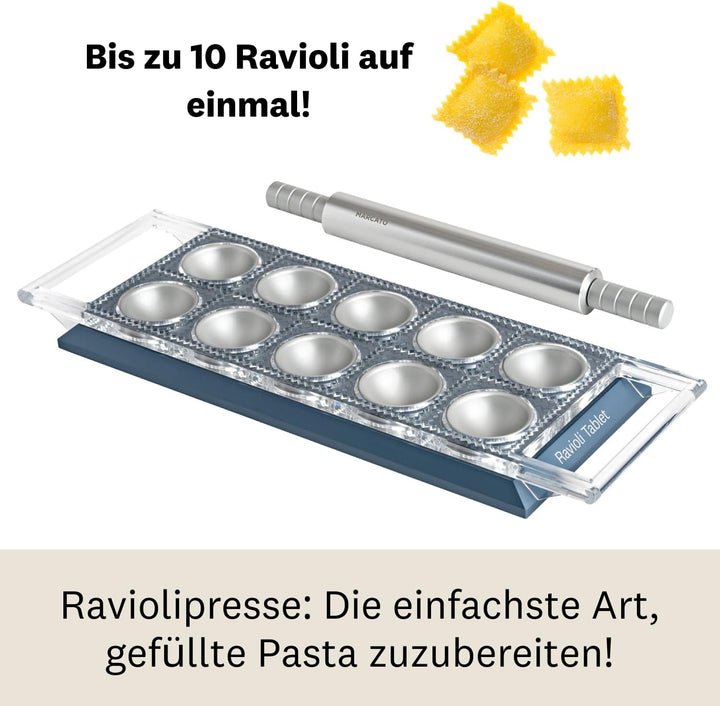 Marcato Ravioli Tablet. Blaue Ravioli-Form. Eloxiertes Aluminium. 20 x 10 x 2 cm. Einfache Vorbereit