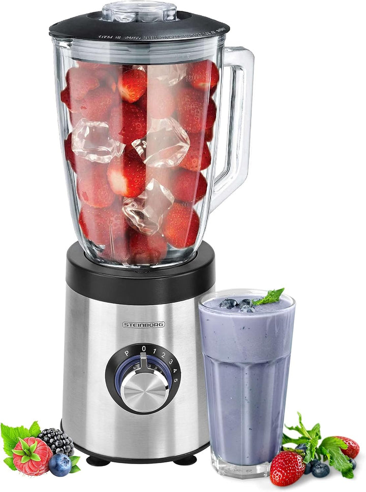 Standmixer | 800 Watt | 6-Fach Metallmesser | 1,5 Liter | 5 Stufen | Glas Edelstahl | Pulsfunktion |