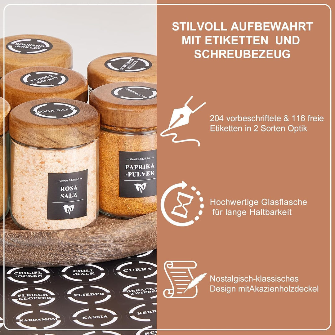 Yangbaga Rund Gewürzgläser 12er Set, 283ml Gewürzdosen Glas Akaziedeckel Gewürzstreuer mit Schraubka