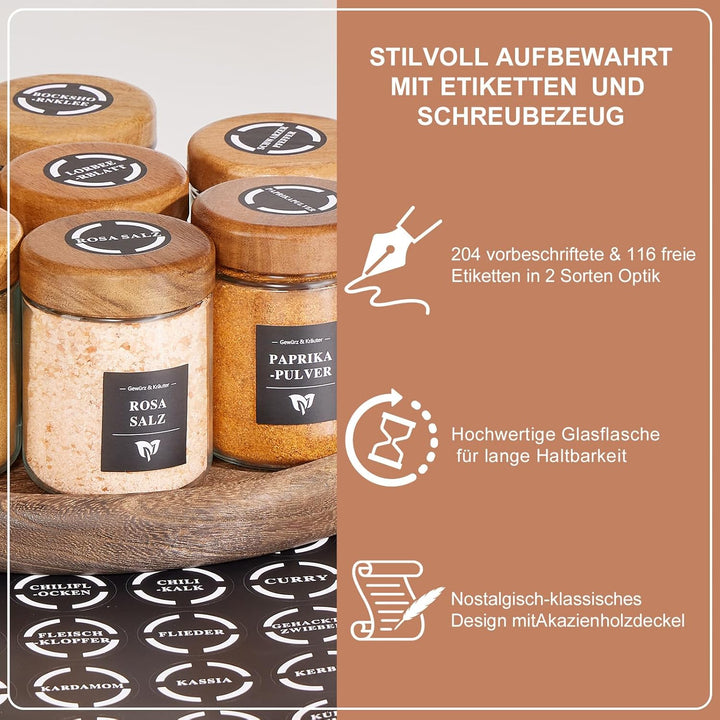 Yangbaga Rund Gewürzgläser 12er Set, 283ml Gewürzdosen Glas Akaziedeckel Gewürzstreuer mit Schraubka