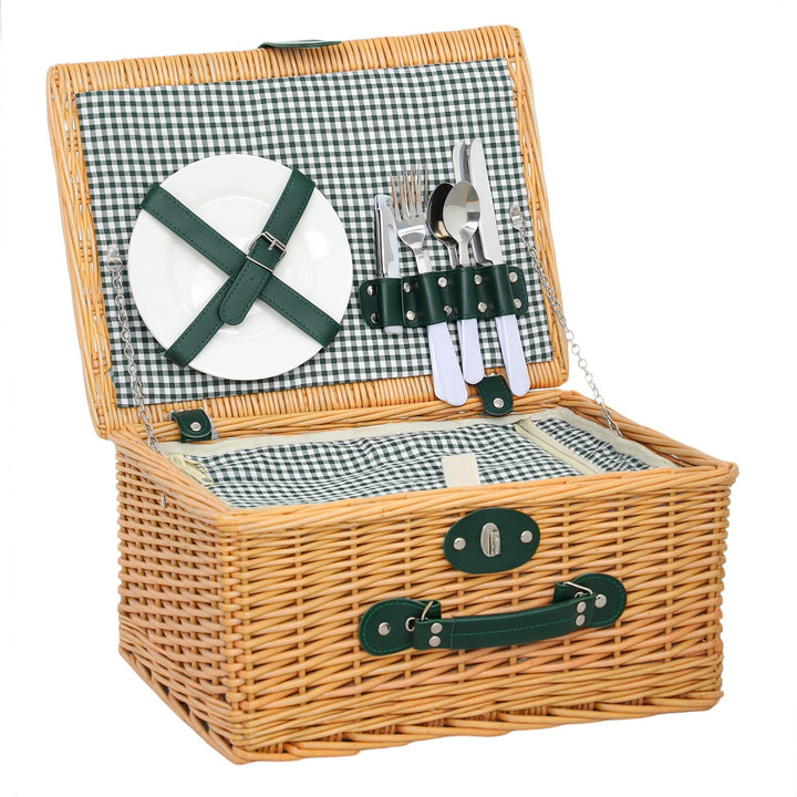 Outsunny Picknickkorb aus Weidenholz Besteck Set mit Isoliert Kühlfach für 2 Personen Picknick Set,
