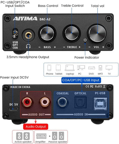 AIYIMA DAC-A2 DC5V Mini-HiFi Leistung-Audio-Decoder PC-USB-DAC-Kopfhörerverstärker AMP 24-Bit-192-kH
