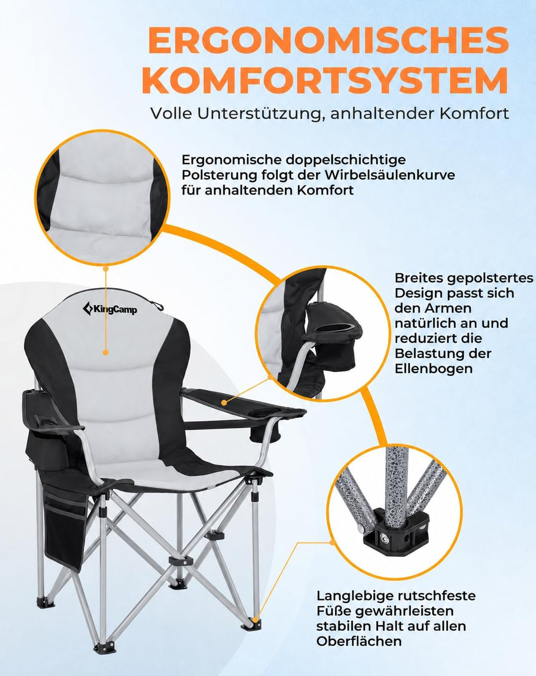 KingCamp Campingstuhl mit Verstellbarer Rückenlehne und Kühltasche bis 160 kg belastbar 2 Pack Schwa