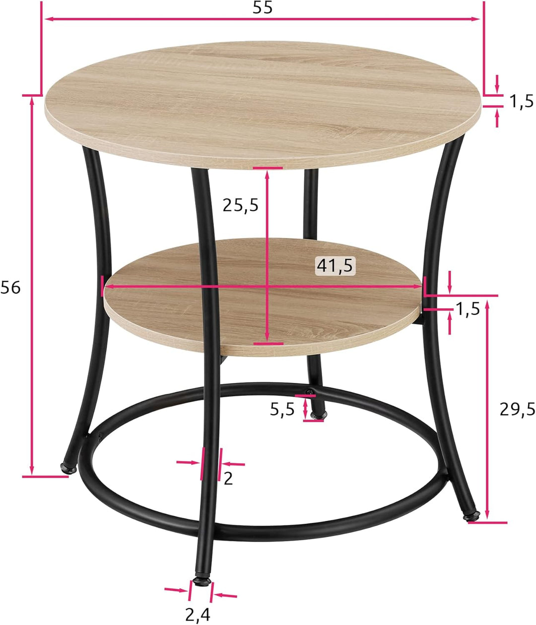 tectake Beistelltisch rund, Couchtisch mit 2 Ablagen, Industrie-Design, Nachttisch aus Holz, Ø55 x 5