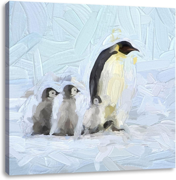 4 Kaiserpinguine im Schnee, Format: 70x70 auf Leinwand, XXL riesige Bilder fertig gerahmt mit Keilra