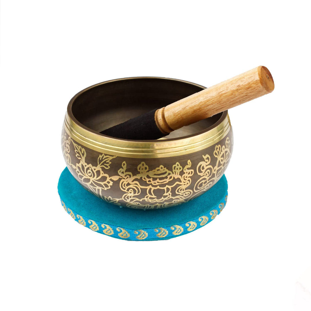 Klangschalen-Set Bauchige Klangschale 'Buddha Eye' mit Lederklöppel und Kissen