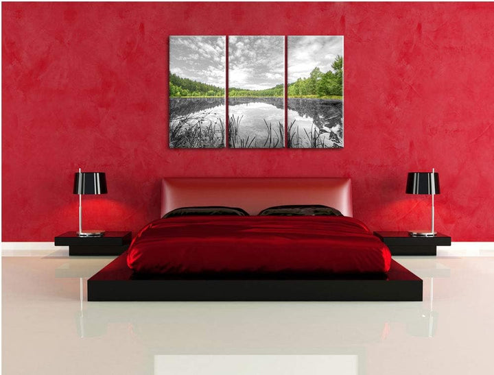 Pixxprint Traumhafter See in grünem Wald als Leinwandbild | Grösse: 3 Teilig (120x80) | Wandbild| Ku