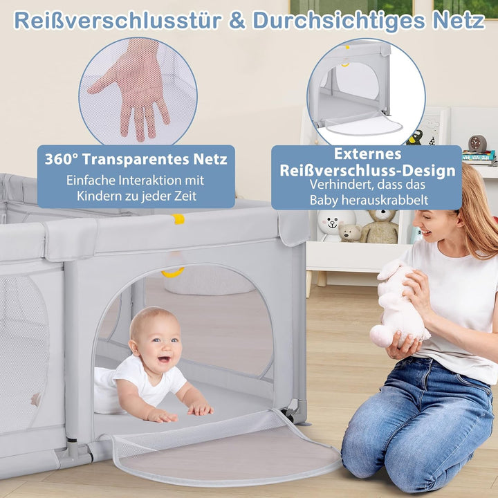 DREAMADE Laufstall Baby, 189 x 158 cm Laufgitter mit 4 Zugringen & 50 Ocean Bällen & Tragetasche, Gr