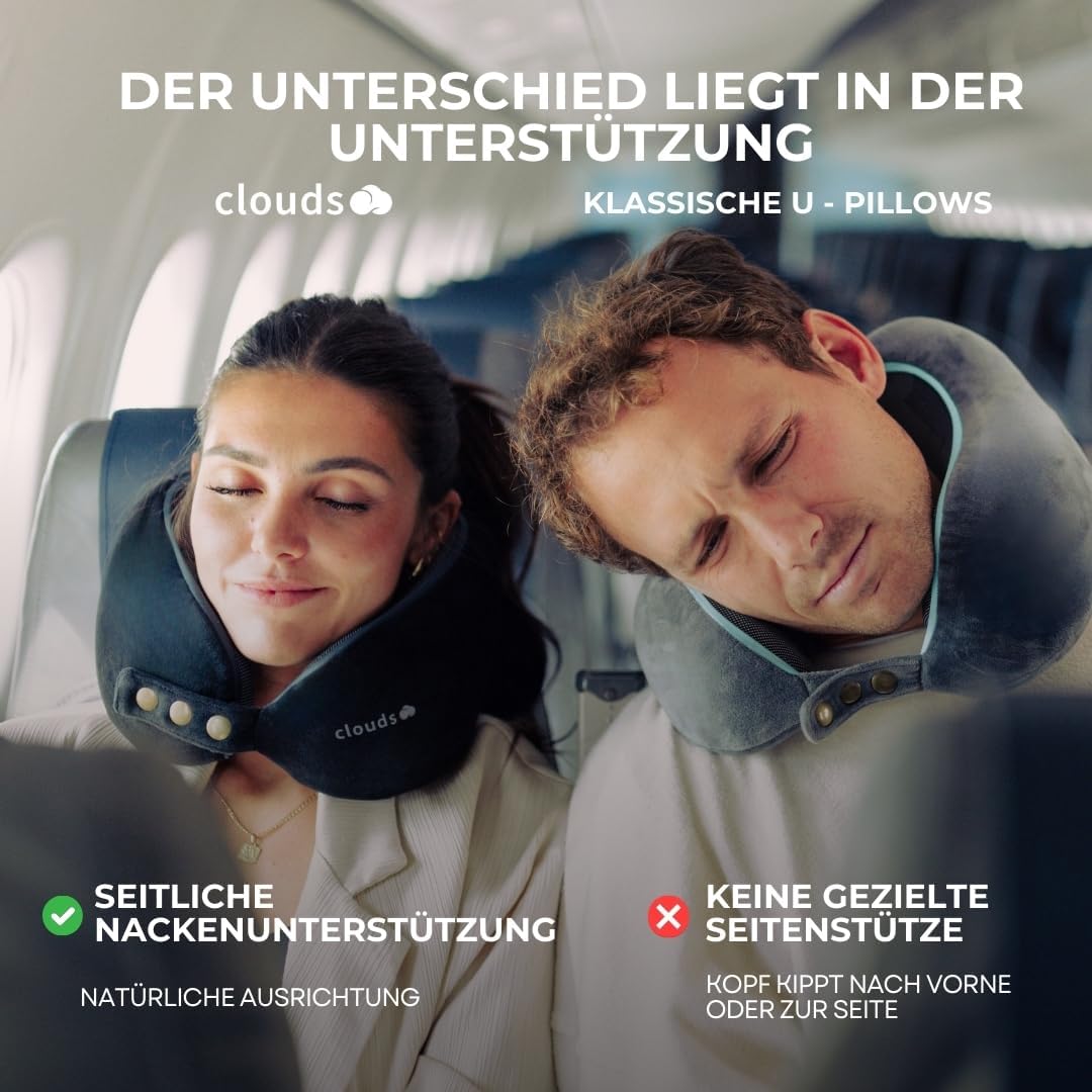 CLOUDS Nackenkissen Flugzeug & Auto – Einstellbares Memory Foam Reisekissen in 2 Grössen für Erwachs