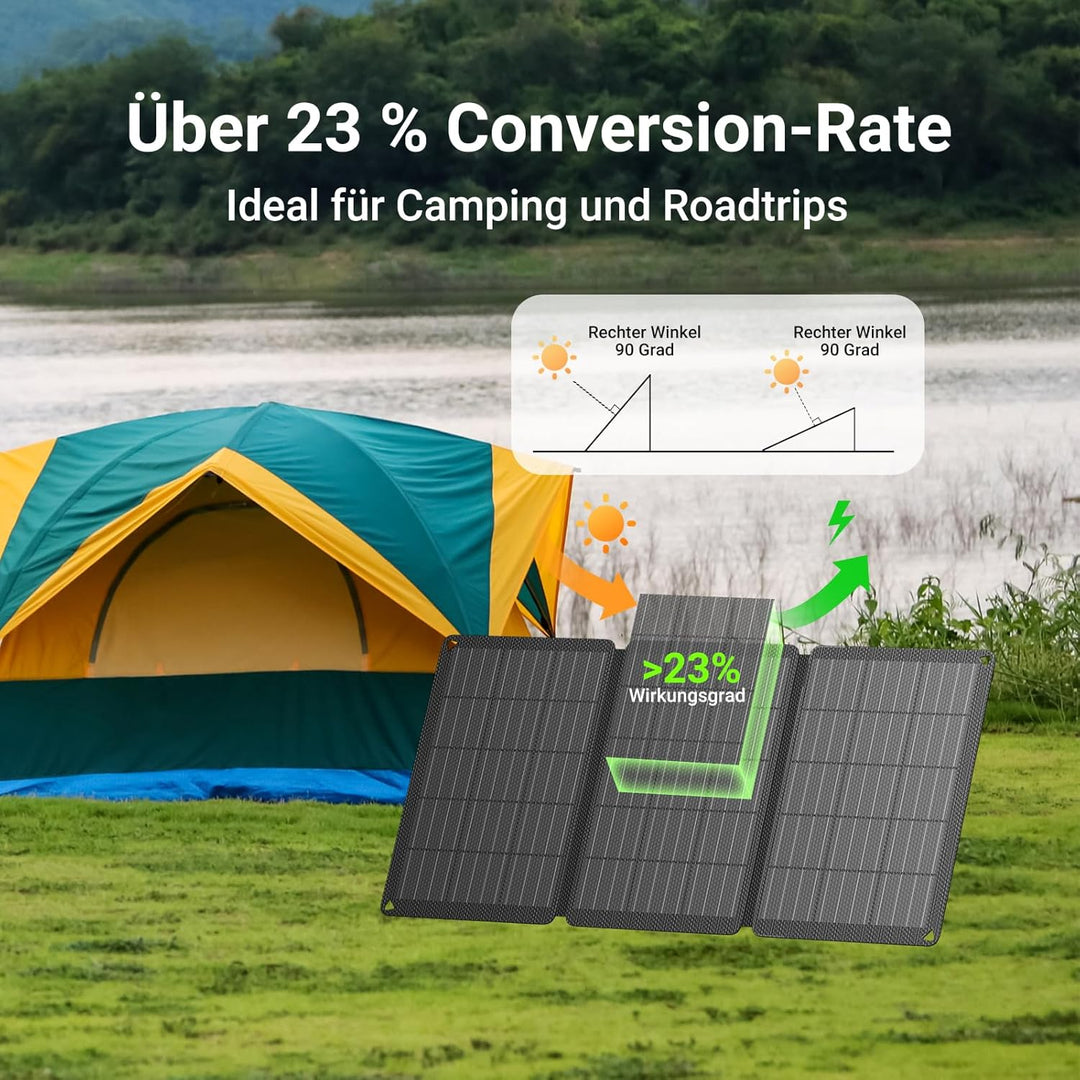 30W Solarpanel Faltbar mit 3 Ports (USB-C+USB-A+DC), IP67 Wasserdichtes Tragbares Solar-Ladegerät, H