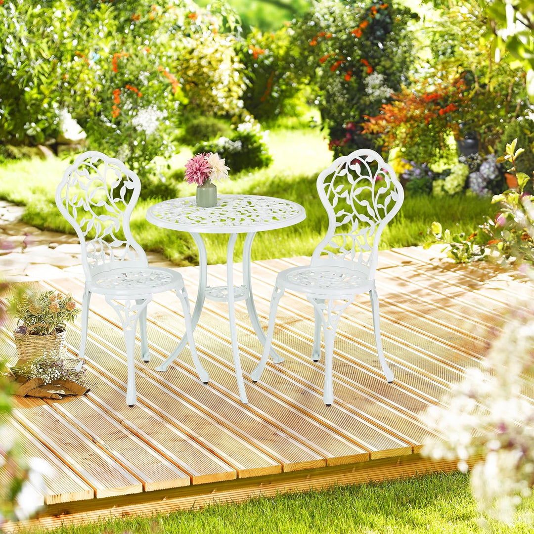 Relaxdays Gartenmöbel Set, 3-teilig, Tisch & 2 Stühle, Aluguss, Balkonmöbel mit Blättermuster, Garte