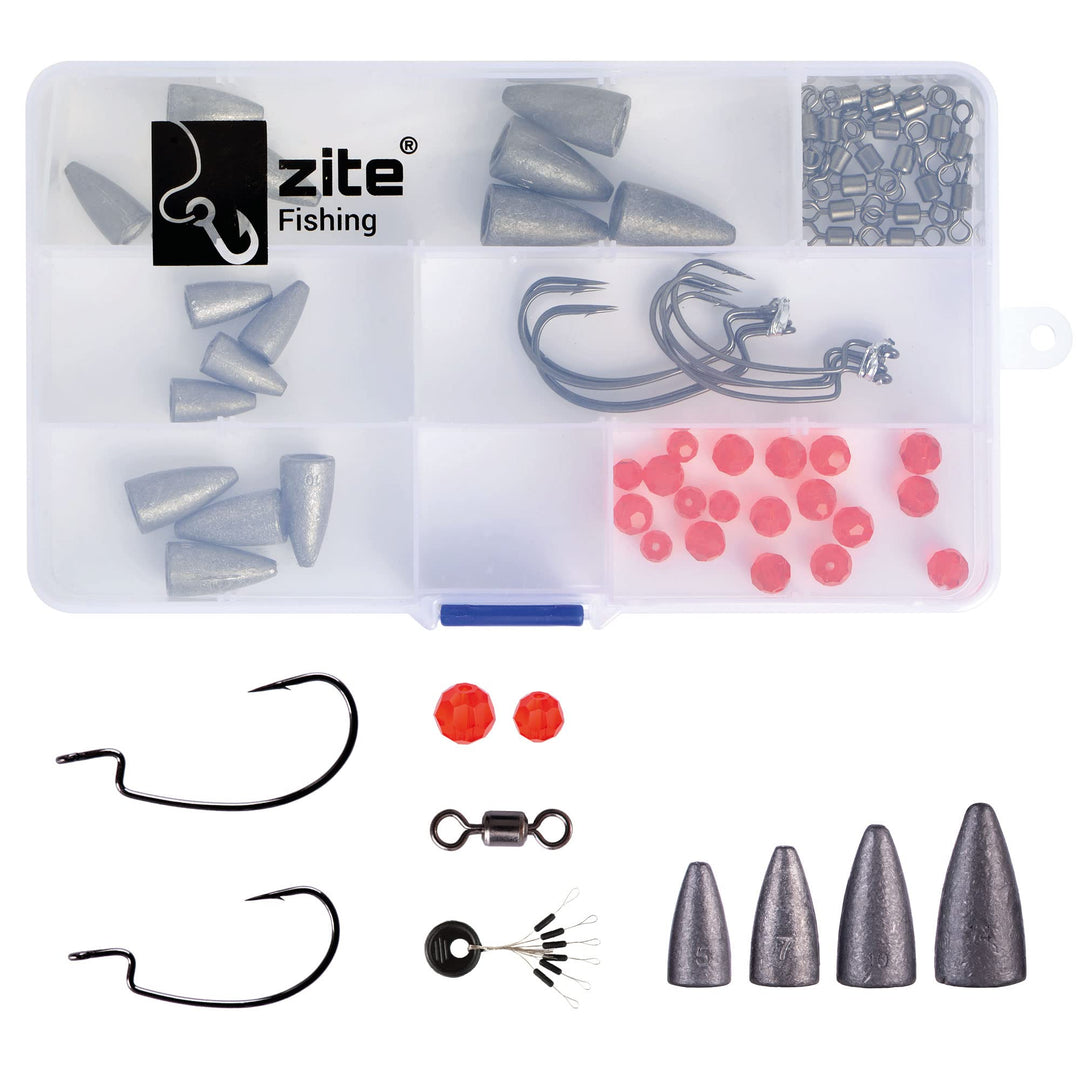 Zite Fishing Carolina/Texas Rig Set - Drop Shot Box mit Offset Haken Glasperlen Bullet Blei 5-14g -