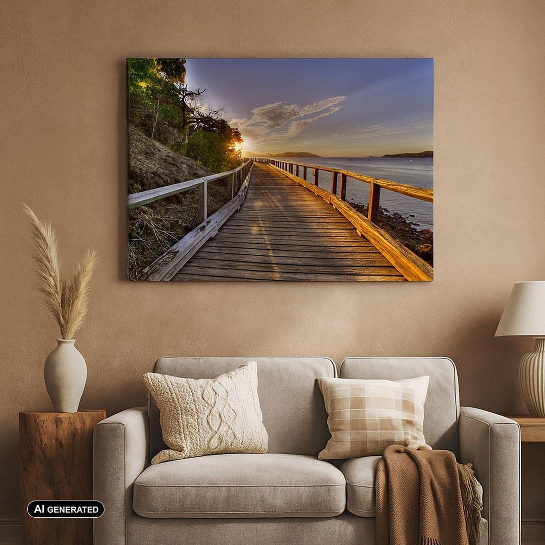 Bilder auf Leinwand 100x70cm Leinwandbild Fussgängerbrücke Himmel Wasser Gross Wanddeko Bild Schlafz