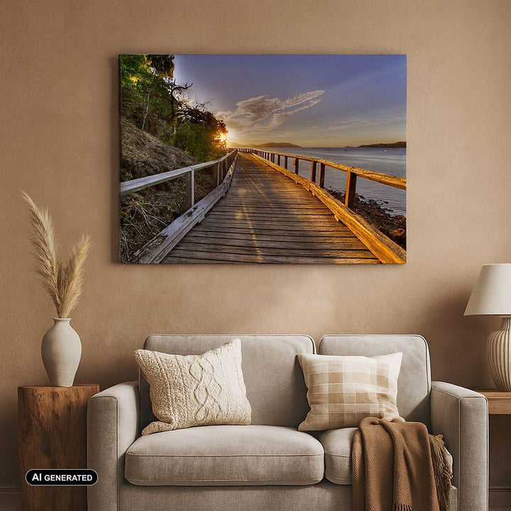Bilder auf Leinwand 100x70cm Leinwandbild Fussgängerbrücke Himmel Wasser Gross Wanddeko Bild Schlafz