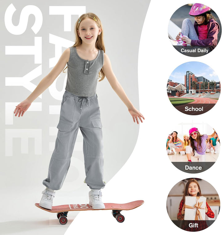 Rolanko Kinder Cargo Hose Elastische Taille Jogger Tanz Hose für Mädchen Streetwear Hip Hop, Grau 6-