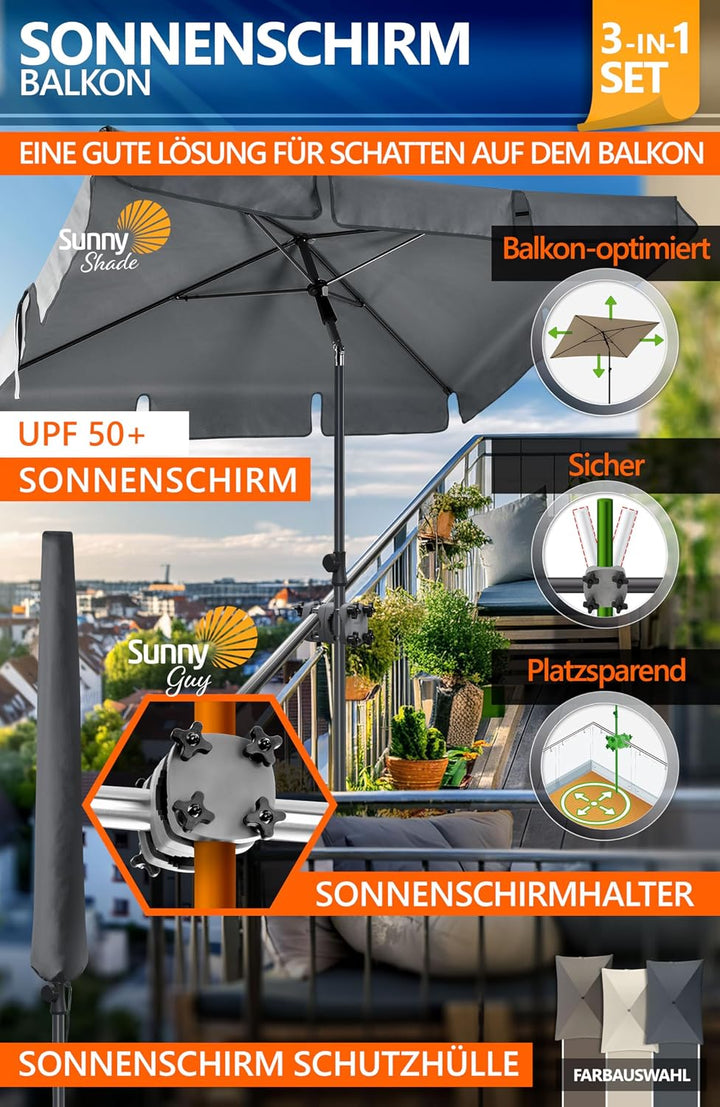 4smile Sonnenschirm Balkon SunnyShade - Sonnenschutz Balkon 3-in-1 SET, UPF 50+ Sonnenschirm rechtec