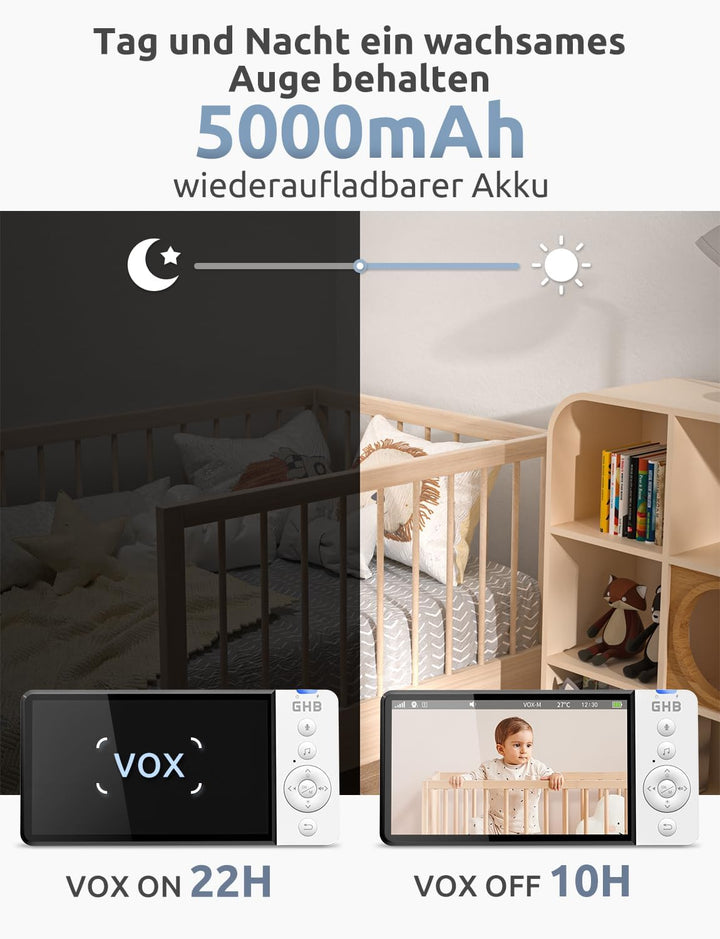 GHB Babyphone mit Kamera 5 Zoll HD 5000mAh IPS-Display 720P VOX-Modus 4X Zoom Nachtsicht Temperatura