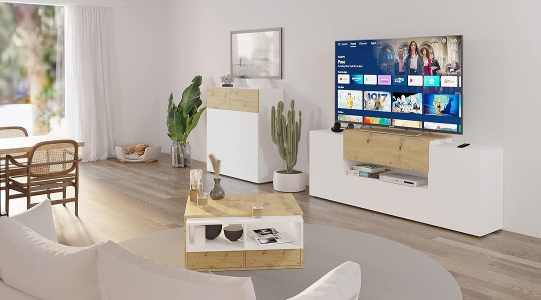 FMD Möbel Olpe TV-Board, Holzwerkstoff, Brillantweiss/Artisan Eiche, rechteckig