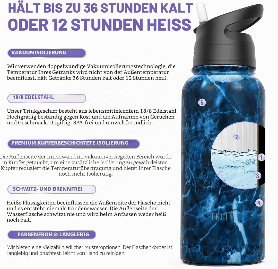 Vakuumisolierte Sport-Wasserflasche - THILY 945 ml Edelstahl-Weithalsflasche mit Flip-Deckel und Str