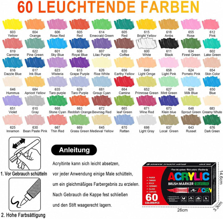Laconile 60 Farben Acrylstifte für Steine Wasserfest, Brush Tip Acrylic Pens Set, Schnelltrocknend u