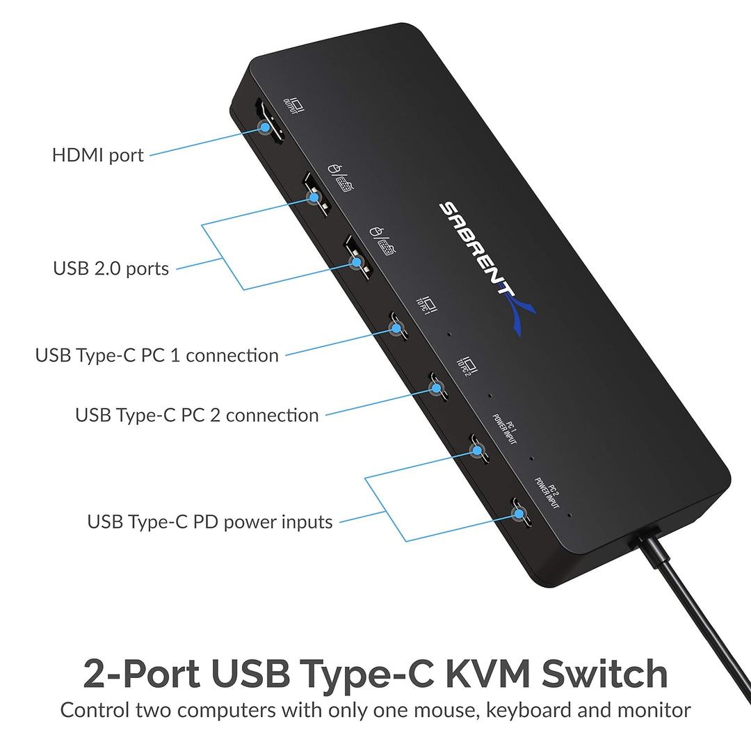 Sabrent 2-Port-USB-KVM-Switch Typ C mit 60-Watt-Stromversorgungsoption (USB-KCPD) USB, 1 HDMI OUT