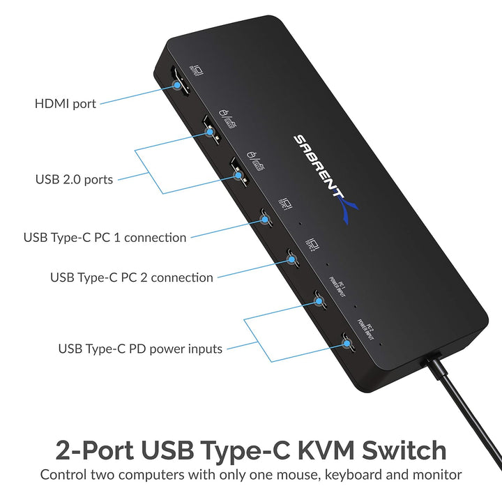Sabrent 2-Port-USB-KVM-Switch Typ C mit 60-Watt-Stromversorgungsoption (USB-KCPD) USB, 1 HDMI OUT