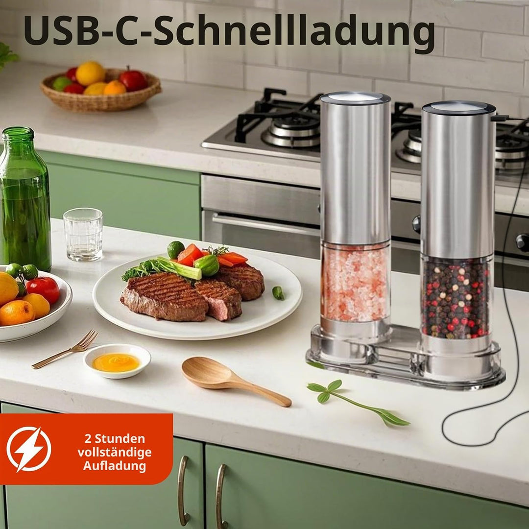 Wiederaufladbares Elektrisches Salz und Pfeffermühlen Set mit Sockel, Gewürzmühlen aus Edelstahl mit