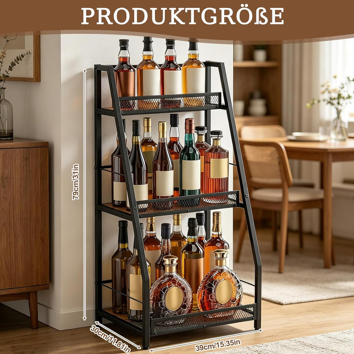 3-Tier Abgestufte Liquor Cabinet Mini Bar, Freistehendes Weinregal mit Geländer, Metall-Holz Flasche