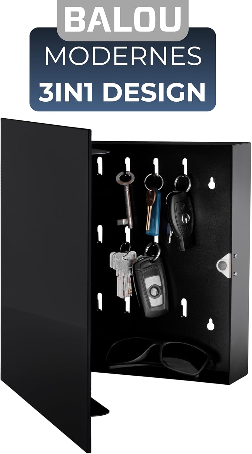 BALOU Schlüsselkasten modern mit Glas Magnettafel - Memoboard magnetisch mit 6 Magneten und Stift -