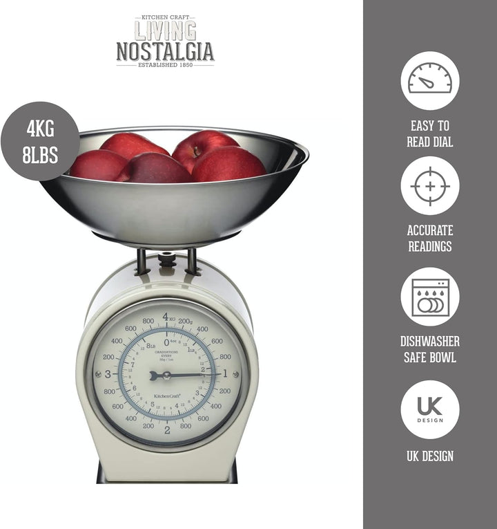 KitchenCraft Living Nostalgia Mechanische Küchenwaage, Traditionelle Waage in Vintage-Optik mit Wieg