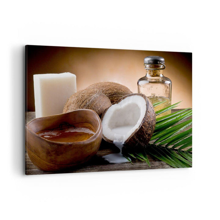 Bilder auf Leinwand 100x70cm Leinwandbild Kokosnuss Öl Seife Handfläche Gross Wanddeko Bild Schlafzi