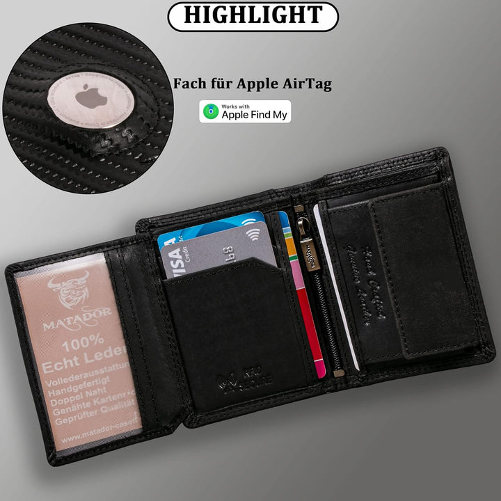 MATADOR Portmonee Herren Leder kompatibel mit Apple Airtag | Geldbeutel Portemonnaie Herren Geschenk