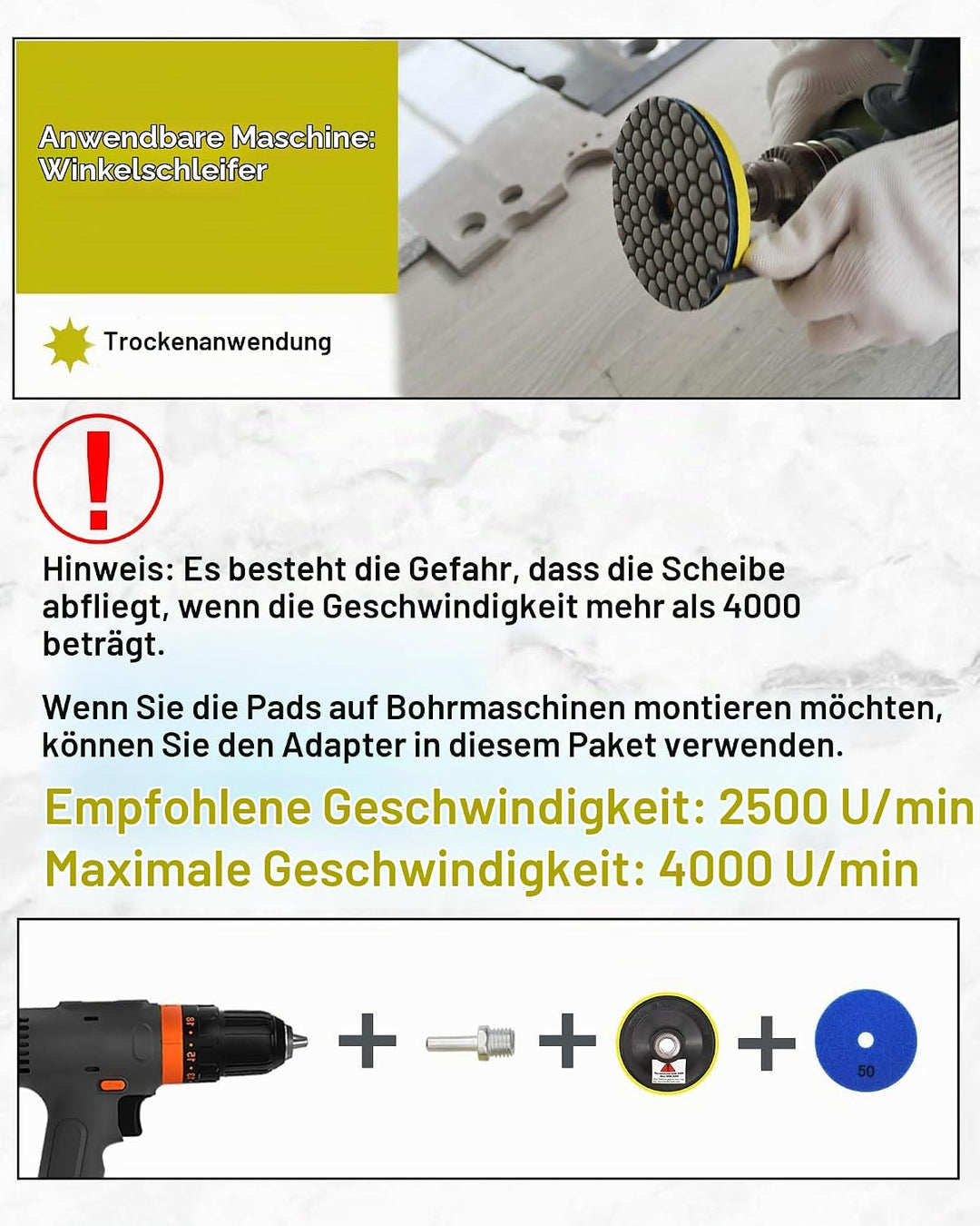 Trocken Diamant Polierpad 100mm 8 Stücke Körnung 50x3/100x2/200/400/800 Polierscheiben mit M14 Stütz