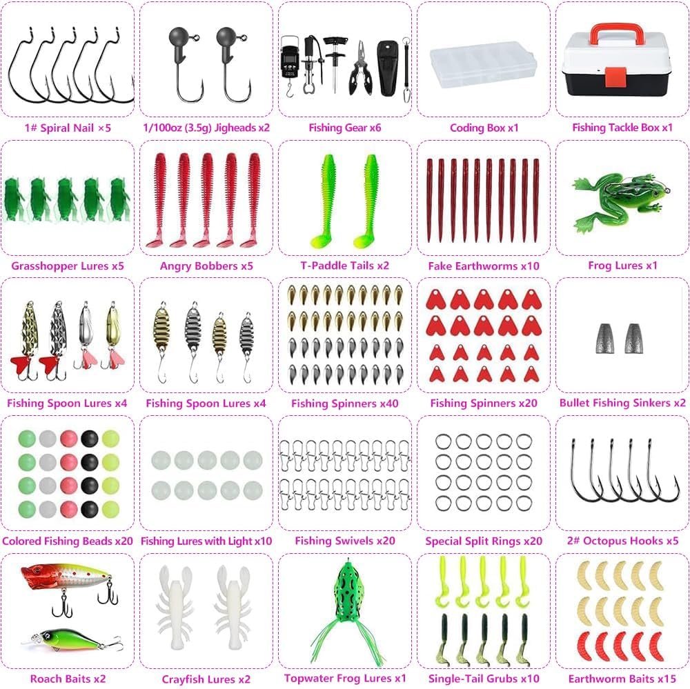 Angelzubehör Set, Angelkoffer mit Zubehör, 218 PCS Angel Köder Set mit Haken, Angelköder, Angelausrü