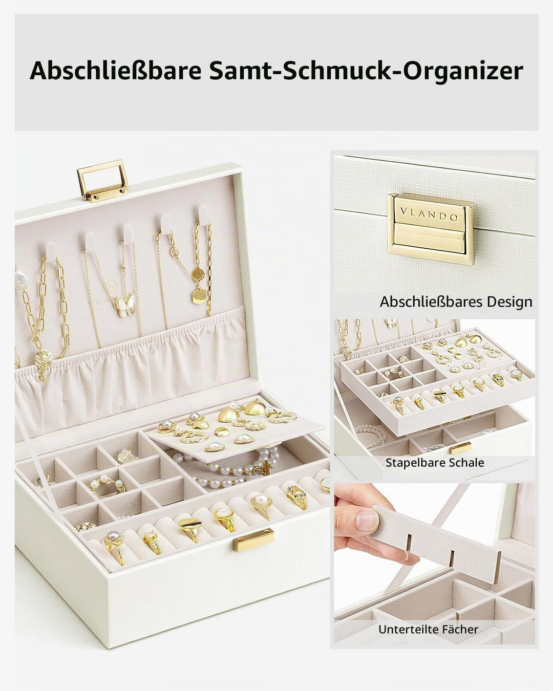 Vlando 2-lagige Schmuckschatulle, grosser Schmuck-Organizer für Frauen, abnehmbares Schmucktablett f