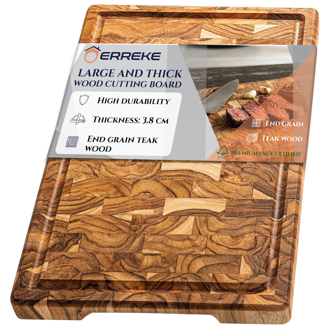 Erreke Schneidebrett Holz 44x29.5x3.8 cm, Holzbrett Küche, End Grain Teakholz, Schneidebrett Holz Gr